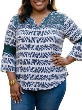 Cato Size Large Top Semi Sheer Black Zebra Print Crochet Details Bell Sleeve